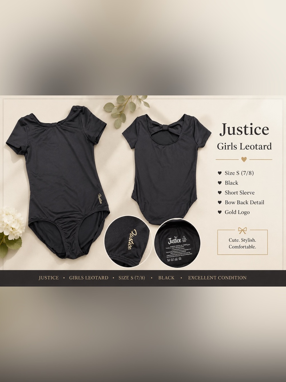 Justice Black Short Sleeve Dance Leotard with Gold Script